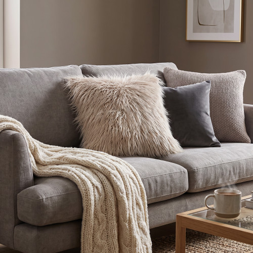 Textured Faux Fur with Suede Throw Pillow  - 17" x 17" - Beige Taupe and White