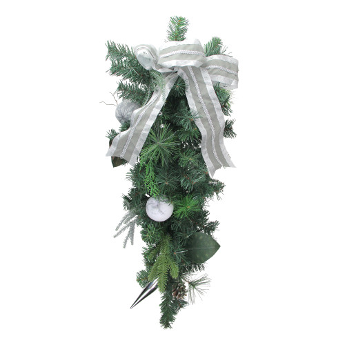 32" White Bow and Pine Cone Artificial Christmas Teardrop Swag - Unlit