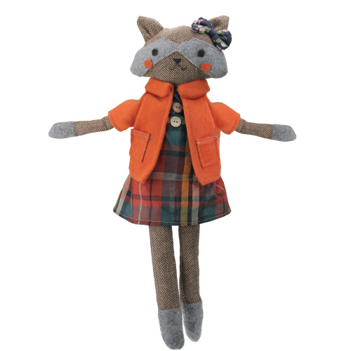 Sitting Herringbone Designed Fox Girl with Plaid Dress - 17" - Brown and Orange