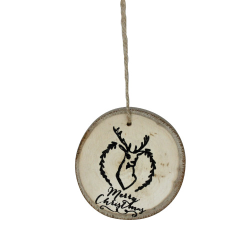 Wooden "Merry Christmas" Deer Disc Christmas Ornament - 4" - Brown and Black
