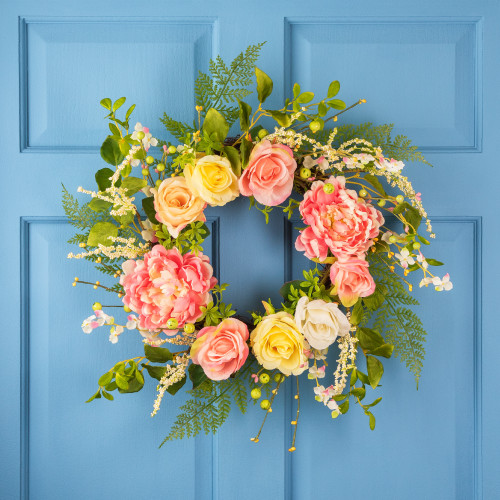 Rose and Peony Artificial Floral Spring Wreath, Pink and Yellow - 22-Inch