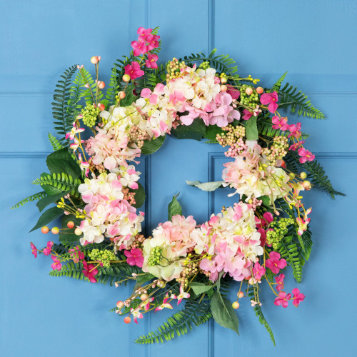 Hydrangea, Berry and Fern Artificial Spring Floral Wreath, Pink - 20-Inch