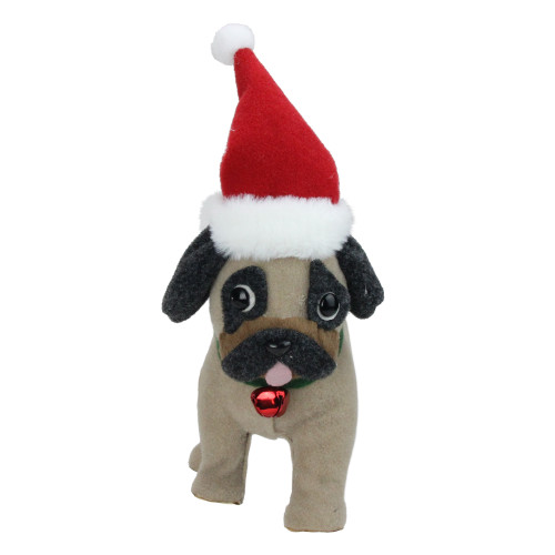 Plush Pug Puppy with Santa Hat and Jingle Bell Christmas Figure - 13.25"