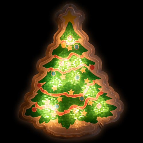 Lighted Holographic Christmas Tree Window Silhouette - 12.5" - Clear Lights