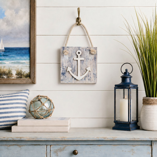 Cape Cod Anchor Wall Hanging Decoration - 13" x 7" - Blue and White