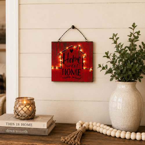 LED Lighted Rustic Home Sweet Home Hanging Wall Sign - 8" x 8" - Red and Black