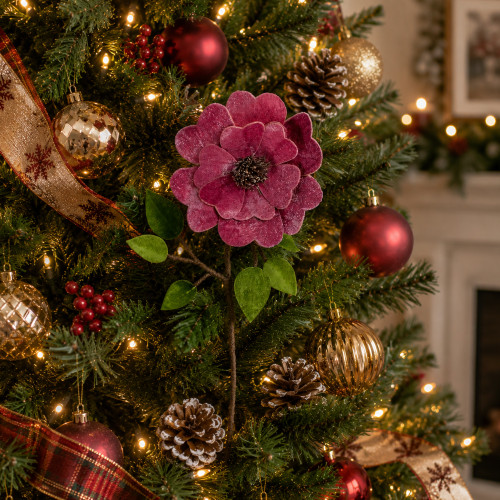 21.5" Pink Heart Flower with Stem and Leaves Christmas Pick
