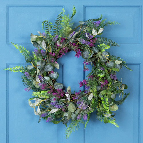Lavender and Mixed Foliage Artificial Floral Spring Wreath, Purple and Green - 22-Inch