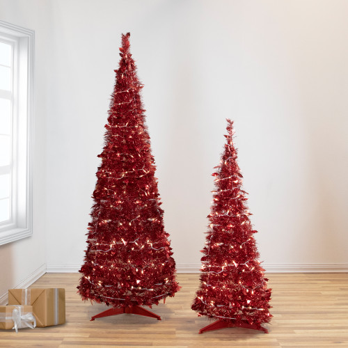 Pre-Lit Red Tinsel Pop-Up Artificial Christmas Tree - 6' - Clear Lights