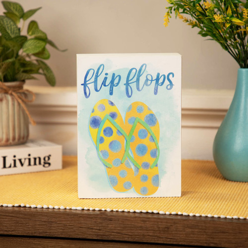 Summertime Polka-Dot Flip Flops Wooden Box Wall Art- 7" x 5.25" - Blue and Yellow