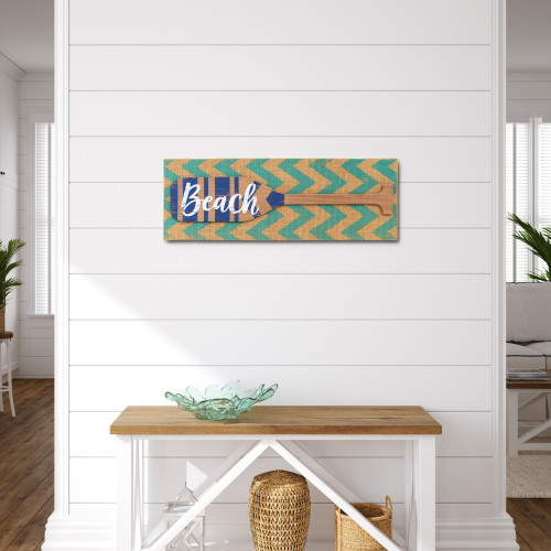 Chevron Burlap with Beach Canoe Paddle Wall Sign -  8" x 23.75" - Teal and Blue