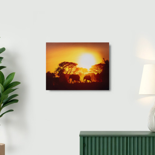 LED Back Lit Sunset Safari Elephants Canvas Wall Art - 11.75" x 15.75"