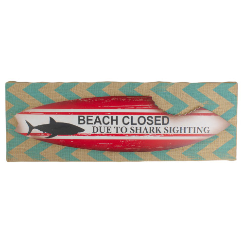 Rectangular Burlap Covered "Beach Closed" Shark Bite Surfboard Wall Art 24"