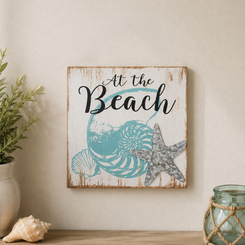 Seashells and Starfish At the Beach Coastal Wall Sign - 7.75" x 7.75" - Beige and Teal