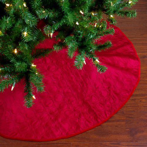 48" Red Quilted Christmas Hexagon Tree Skirt with Velvety Trim