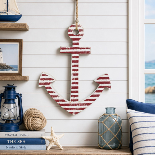 Striped Nautical Anchor with Rope Hanging Wall Decoration - 20.75" x 12.25" - Red and White