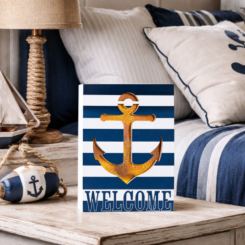LED Lighted Striped Welcome Anchor Wall Sign - 9.75" x 7.5" - White and Blue