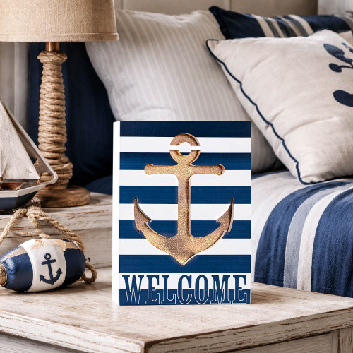 LED Lighted Striped Welcome Anchor Wall Sign - 9.75" x 7.5" - White and Blue