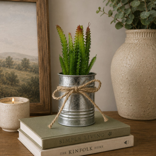 7" Green Mini Artificial Spiky Greenery in Tin Planter with Twine Bow