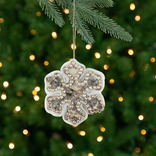 Snowy Woodland Snowflake Christmas Ornament - 4" - White and Brown