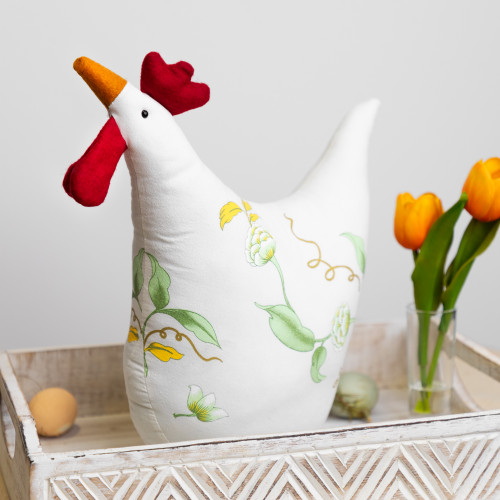 12" White, Soft Green, and Yellow Floral Rooster Chicken Spring Decoration