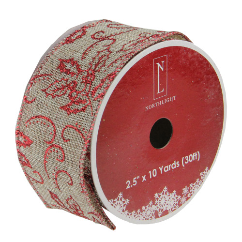 Red and Beige Christmas Wired Craft Ribbon 2.5" x 10 Yards