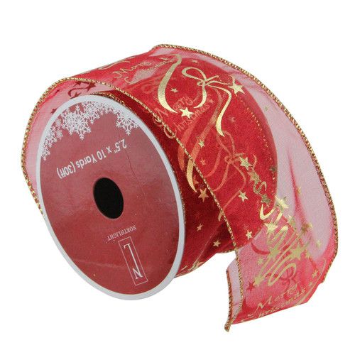 Cranberry Red and Gold "Merry Christmas" Wired Christmas Craft Ribbon 2.5" x 10 Yards