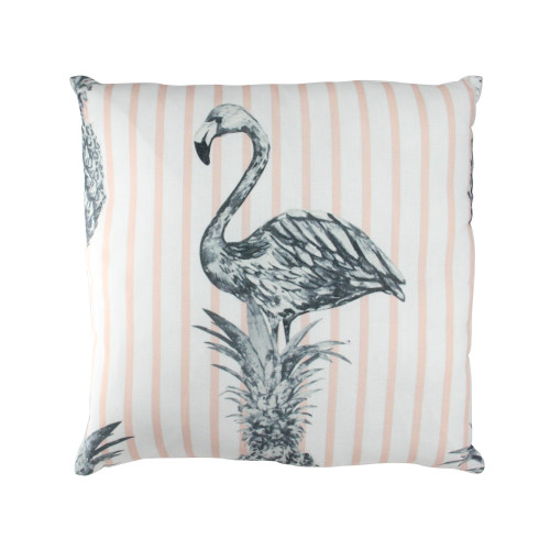 17" White and Orange Striped Tropical Flamingo Pineapple Square Throw Pillow