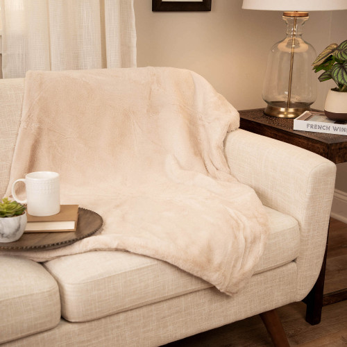 Plush Faux Fur Solid Throw Blanket - 50" x 60" - Beige and White