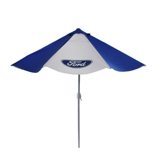 9' Outdoor Patio Ford Umbrella with Hand Crank and Tilt, Blue and White