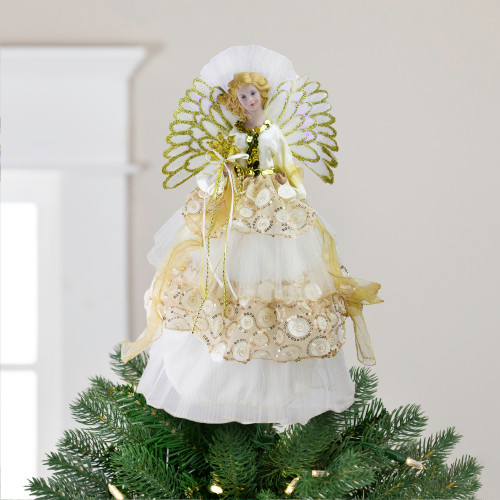 16" White and Gold Lighted Angel Sequined Gown Christmas Tree Topper