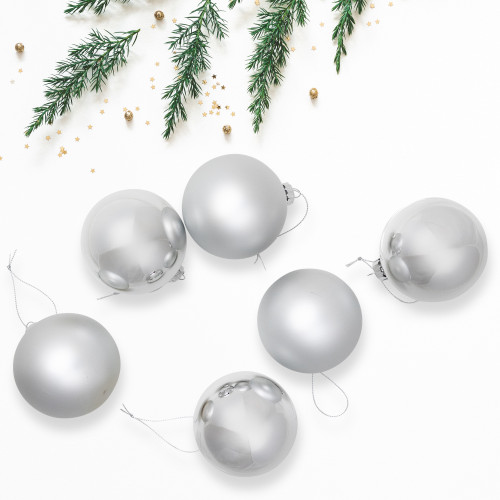 2-Finish Christmas Glass Ball Ornaments - 3.25" (80mm) - Silver - 6ct