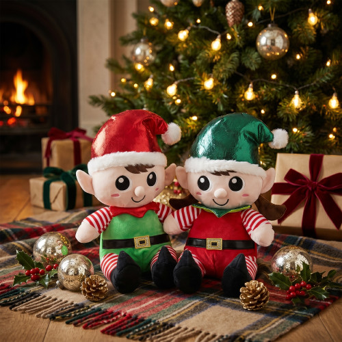 Plush Sitting Boy and Girl Christmas Elf Figures - 13" - Red and Green - Set of 2