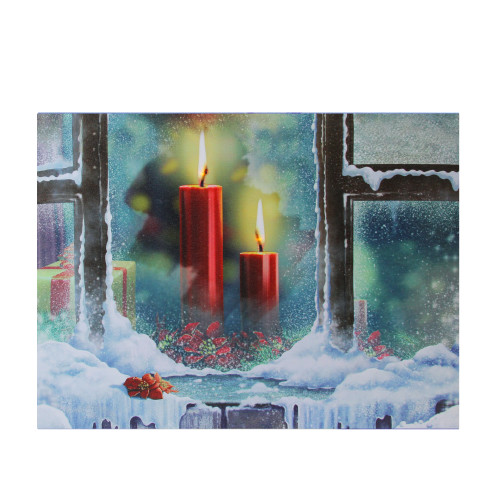 LED Lighted Snowy Window Pane and Candles Christmas Canvas Wall Art 12" x 15.75"