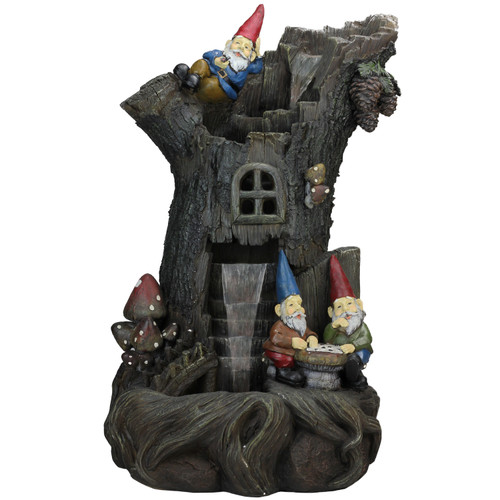 28" Brown Three-tier Gnome Home Tree Stump Outdoor Garden Water Fountain