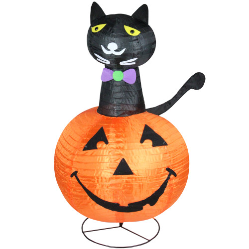 3' Orange and Black Lighted Cat on a Pumpkin Outdoor Halloween Yard Decor