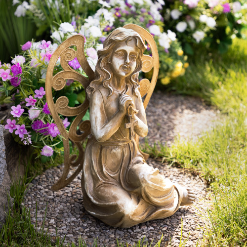Sitting Angel with Cross Outdoor Garden Statue  - 14.5"