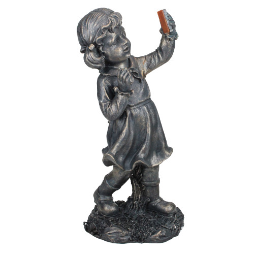 18" Pre-Lit Black Solar Powered LED Girl with Cell Phone Outdoor Garden Statue