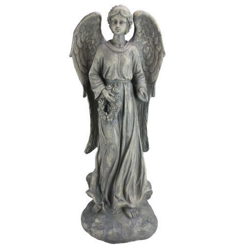 26" Distressed Finish Angel with Floral Wreath Outdoor Garden Figure