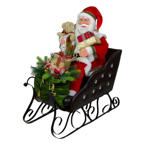 32" Red Traditional Jolly Santa Claus in Jewel Sleigh Christmas Figurine