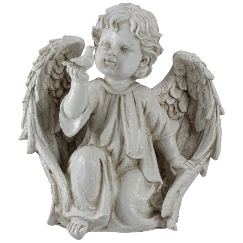10" Ivory Angel Boy on Knee with Bird Outdoor Garden Statue