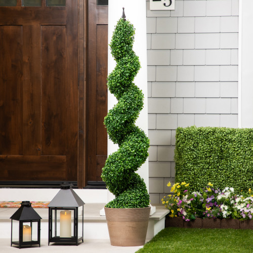 Potted Two Toned Artificial Spiral Boxwood Garden Topiary Tree - 5'
