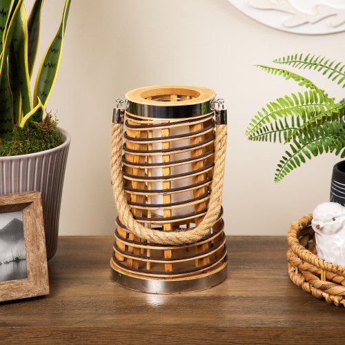 Tapered Rattan Glass Candle Lantern with Jute Handle - 10"