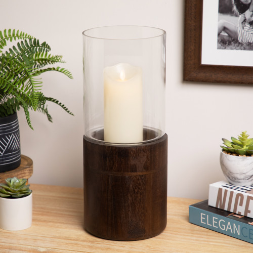 Glass Hurricane Pillar Candle Holder with Wooden Base - 15.25"
