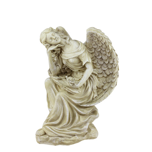 12" Ivory Daydreaming Angel with Rose Outdoor Patio Garden Statue
