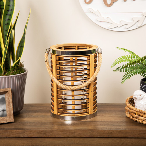 Rattan Glass Candle Lantern with Jute Handle - 11.5"