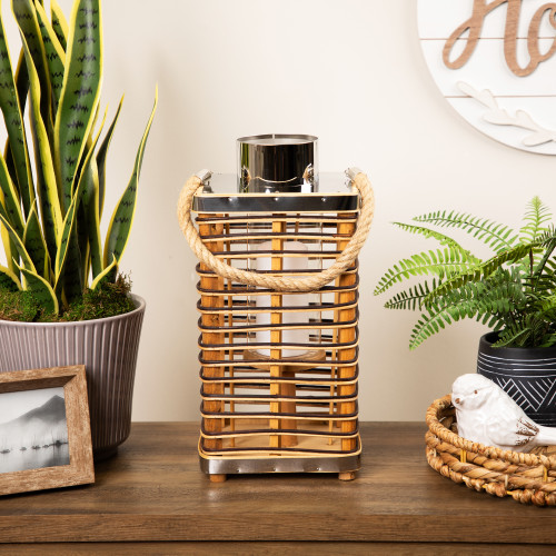 Rectangular Rattan Glass Candle Lantern with Jute Handle - 15.5"