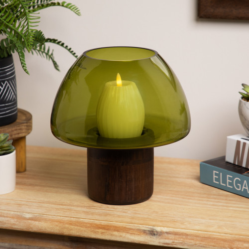 Transparent Glass Candle Holder with Wooden Base - 9.75" - Olive Green