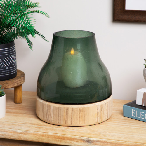 Bubble Hurricane Glass Candle Holder with Wooden Base - 7.75" - Storm Gray