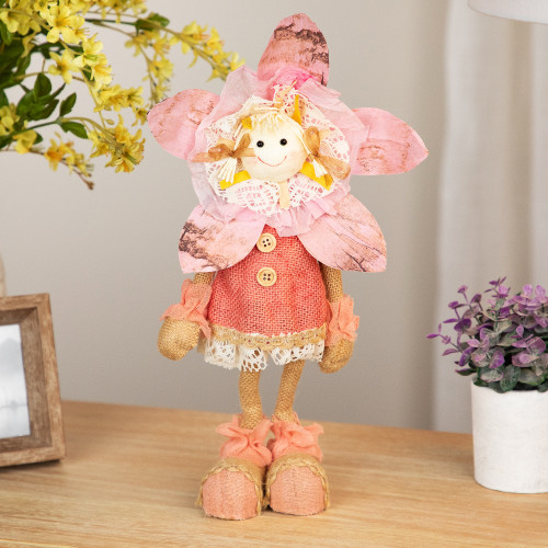 13.5" Pink, Cream and Tan Spring Floral Standing Sunflower Girl Decorative Figure